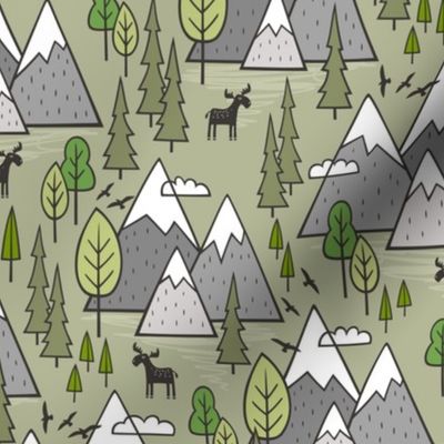 Mountains Forest Woodland Trees & Moose on Green
