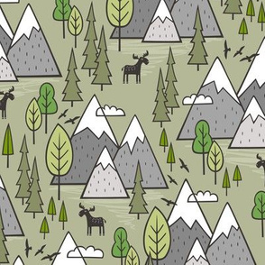 Mountains Forest Woodland Trees & Moose on Green