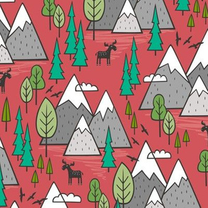 Mountains Forest Woodland Trees & Moose on Red