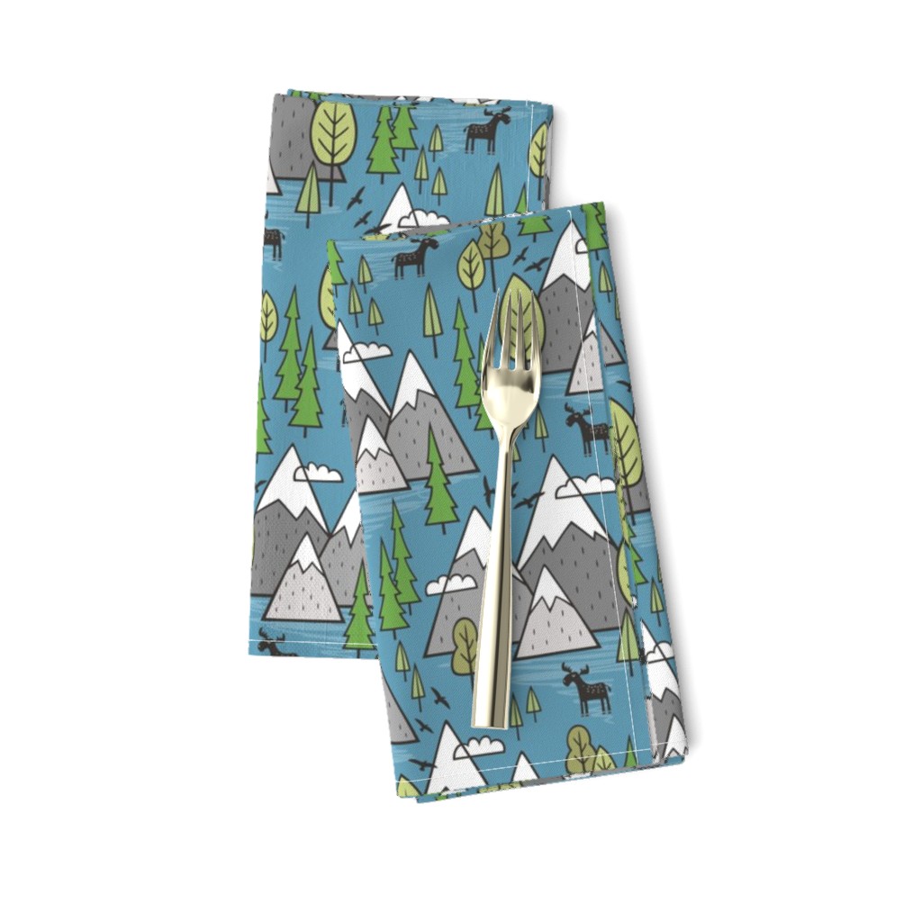 Mountains Forest Woodland Trees & Moose on Dark Blue 
