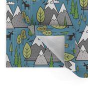 Mountains Forest Woodland Trees & Moose on Dark Blue 
