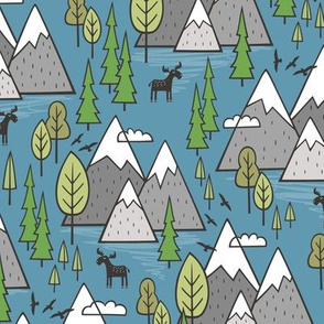 Mountains Forest Woodland Trees & Moose on Dark Blue 