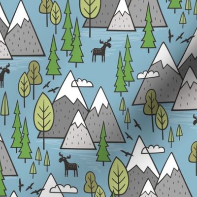 Mountains Forest Woodland Trees & Moose on Blue