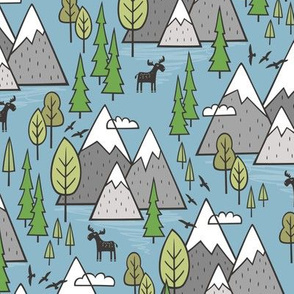 Mountains Forest Woodland Trees & Moose on Blue