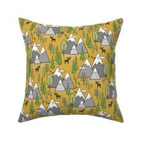 Mountains Forest Woodland Trees & Moose on Mustard Yellow