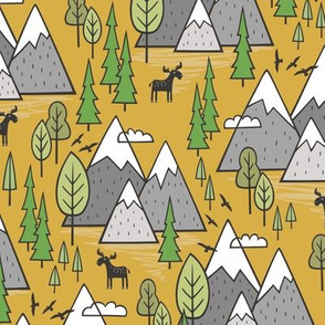 Mountains Forest Woodland Trees & Moose on Mustard Yellow