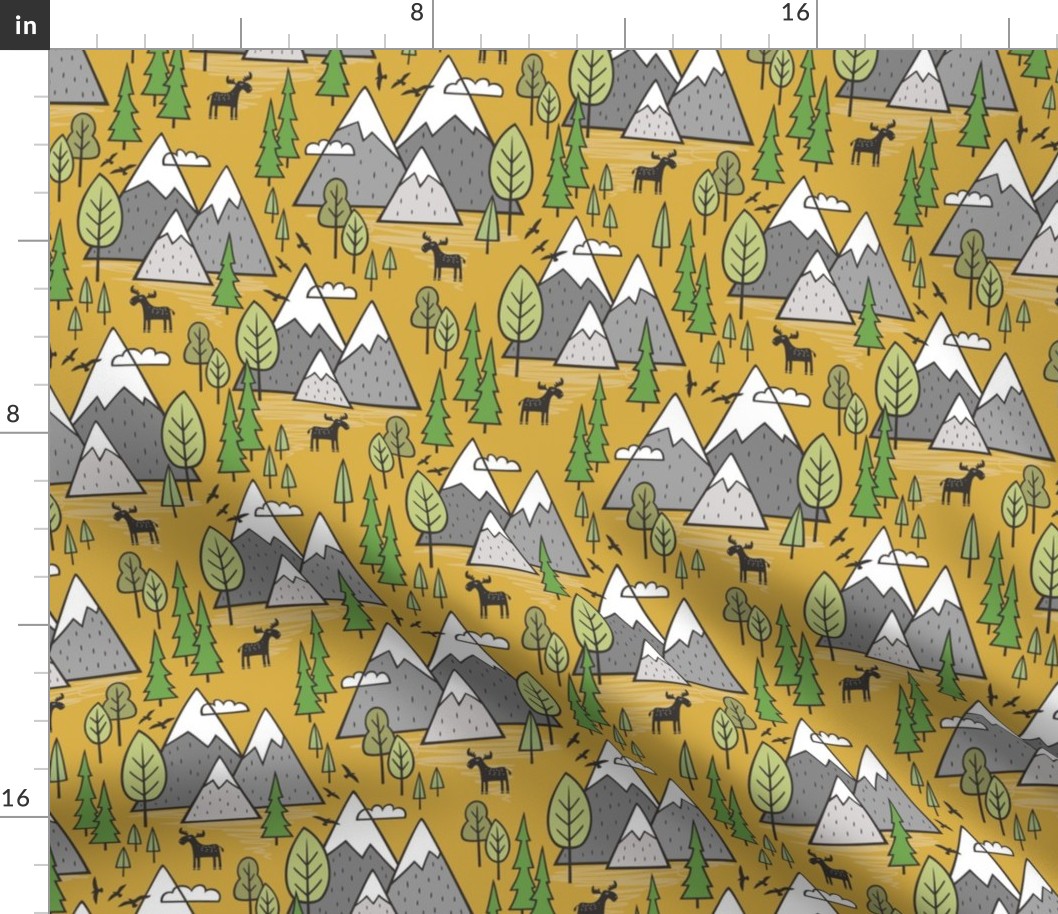 Mountains Forest Woodland Trees & Moose on Mustard Yellow
