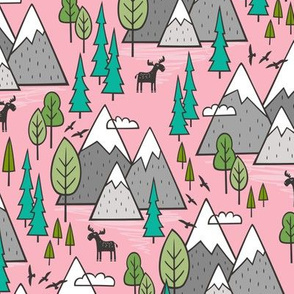 Mountains Forest Woodland Trees & Moose on Pink