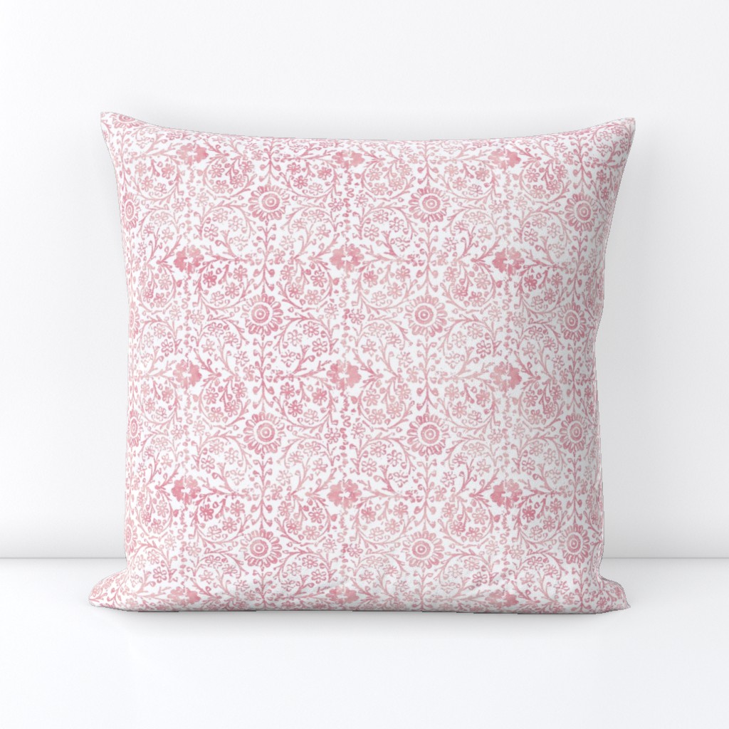 Indian Woodblock in Rose Pink on White | Rustic floral, hand block printed pattern in pink and white, botanical print, pink block print design.