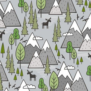 Mountains Forest Woodland Trees & Moose on Grey