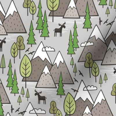 Mountains Forest Woodland Trees & Moose on Warm Grey