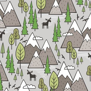 Mountains Forest Woodland Trees & Moose on Warm Grey