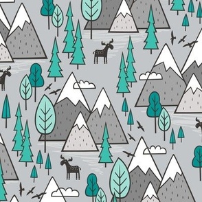 Mountains Forest Woodland Mint Green Teal Trees & Moose  on Grey