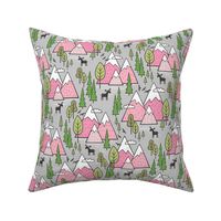 Mountains Forest Woodland Trees & Moose Pink on Grey
