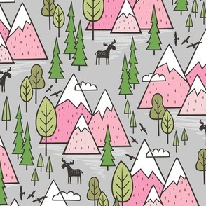 Mountains Forest Woodland Trees & Moose Pink on Grey