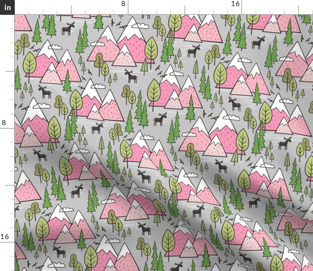 Mountains Forest Woodland Trees & Moose Pink on Grey