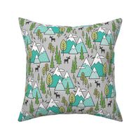 Mountains Forest Woodland Trees & Moose Mint Green on Grey