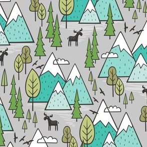 Mountains Forest Woodland Trees & Moose Mint Green on Grey