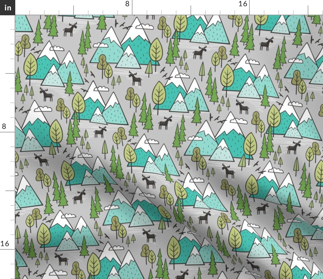 Mountains Forest Woodland Trees & Moose Mint Green on Grey