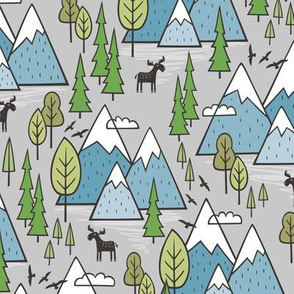Mountains Forest Woodland Trees & Moose Blue on Grey