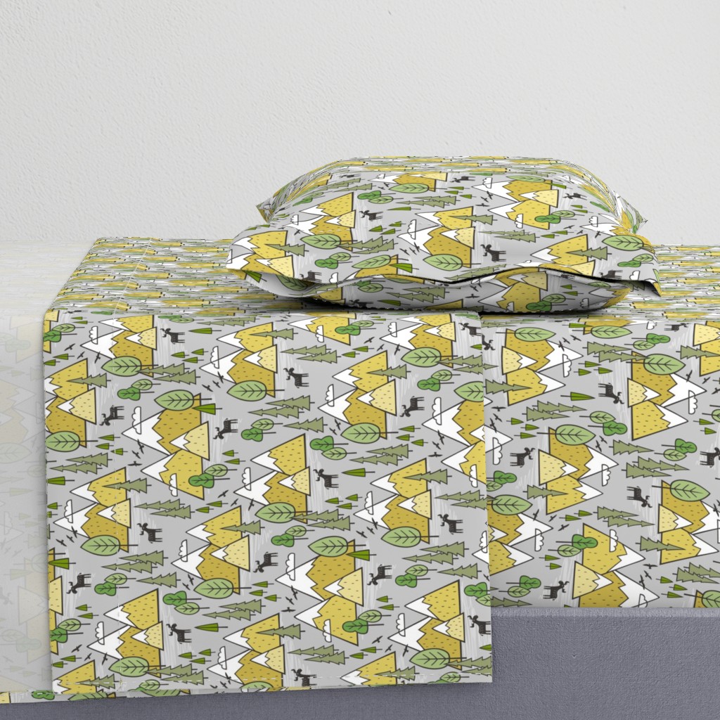 Mountains Forest Woodland Trees & Moose Yellow on Grey