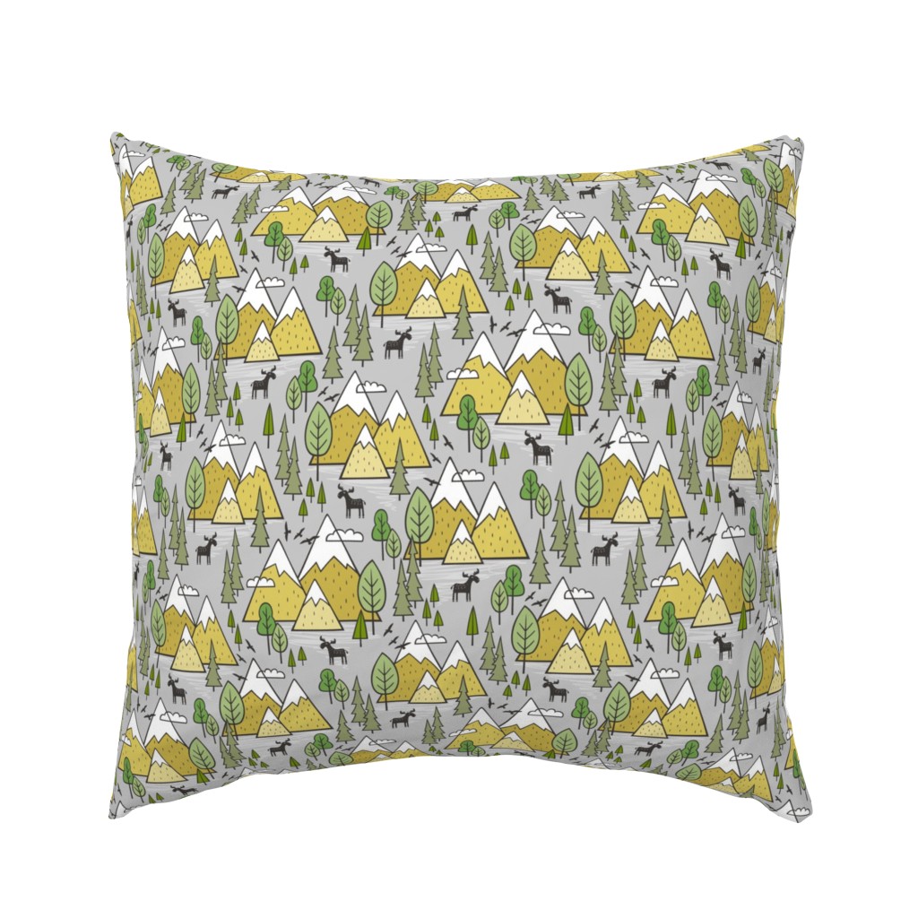 Mountains Forest Woodland Trees & Moose Yellow on Grey