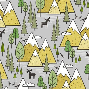 Mountains Forest Woodland Trees & Moose Yellow on Grey