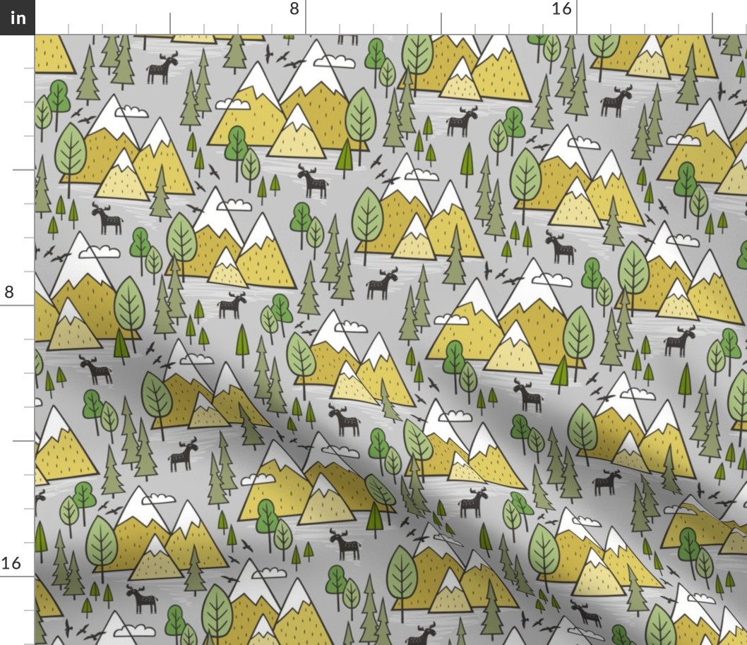 Mountains Forest Woodland Trees & Moose Yellow on Grey