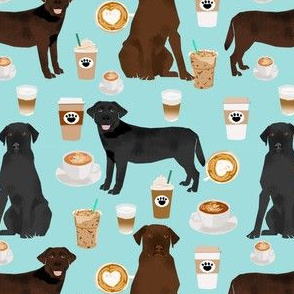 chocolate and black lab fabric coffee print - light blue