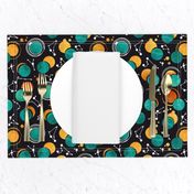 Great Total Solar Eclipse // black background turquose green moons golden sun reflections white constellations