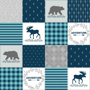 Woodland Adventure Wholecloth - Bears + Moose Cheater Patchwork Quilt - Sailor Blue, Gray + Blue Blanket Fabric- Ginger Lous