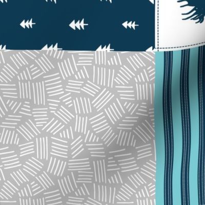 Woodland Quilt Top ROTATED - Bear Moose + Antler Wholecloth Baby Boy Blanket Panel - Sailor Blue Grey + Blue Design- Ginger Lous