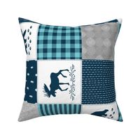 Woodland Quilt Top ROTATED - Bear Moose + Antler Wholecloth Baby Boy Blanket Panel - Sailor Blue Grey + Blue Design- Ginger Lous