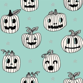 Jack-o'-lantern halloween cute pumpkin carving hand drawn pattern neutral mint by andrea lauren