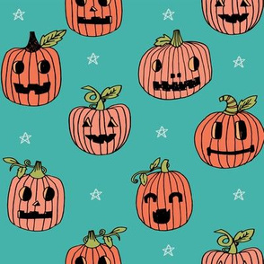 Jack-o'-lantern halloween cute pumpkin carving hand drawn pattern turquoise  by andrea lauren