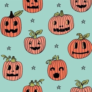 Jack-o'-lantern halloween cute pumpkin carving hand drawn pattern light blue by andrea lauren