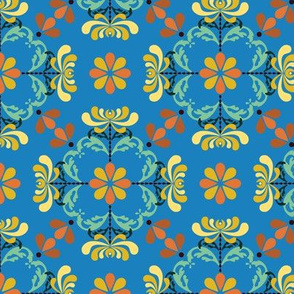 Folk Art Chrysanthemums on Blue