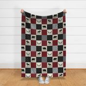 Woodland Quilt Top - Bear Moose + Antler Wholecloth Baby Boy Blanket Panel - Black, Red + Cream Design- Ginger Lous