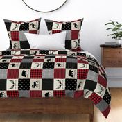 Woodland Quilt Top ROTATED - Bear Moose + Antler Wholecloth Baby Boy Blanket Panel - Black, Red + Cream Design- Ginger Lous