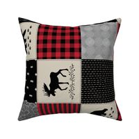 Woodland Quilt Top ROTATED - Bear Moose + Antler Wholecloth Baby Boy Blanket Panel - Black, Red + Cream Design- Ginger Lous