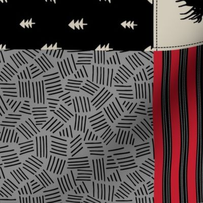 Woodland Quilt Top ROTATED - Bear Moose + Antler Wholecloth Baby Boy Blanket Panel - Black, Red + Cream Design- Ginger Lous