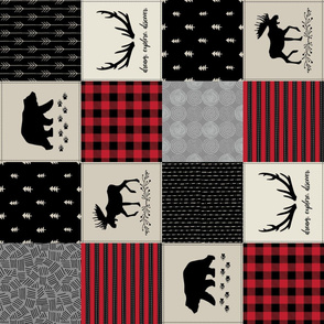 Woodland Quilt Top ROTATED - Bear Moose + Antler Wholecloth Baby Boy Blanket Panel - Black, Red + Cream Design- Ginger Lous