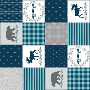 Woodland Adventure Wholecloth ROTATED - Bears + Moose Cheater Patchwork Quilt - Sailor Blue, Gray + Blue Blanket Fabric- Ginger Lous
