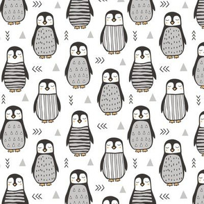 Penguins Black&White  with Sweater Geometric and Triangles  in Grey on White 2 inch small tiny