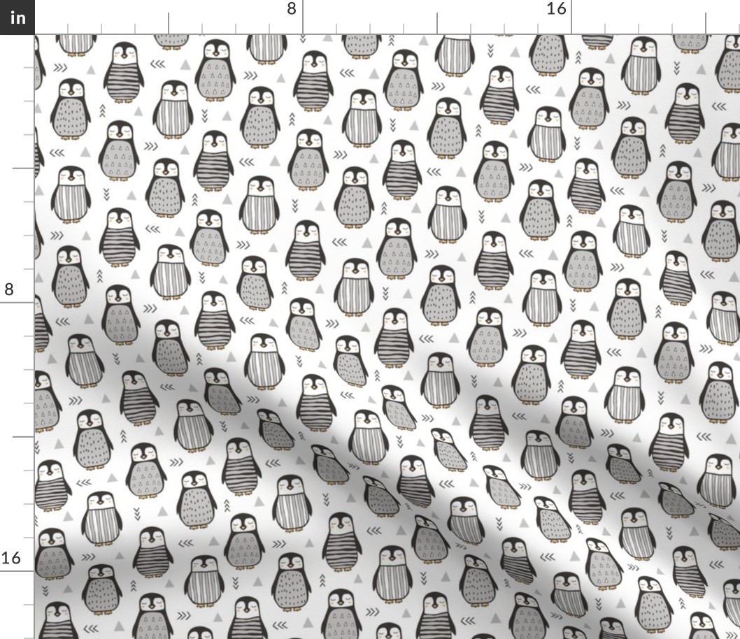 Penguins Black&White  with Sweater Geometric and Triangles  in Grey on White 2 inch small tiny