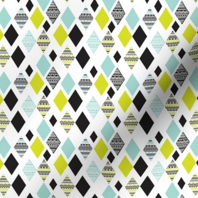 Aztec mint blue lime green yellow black and white geometric diamond fabric SMALL