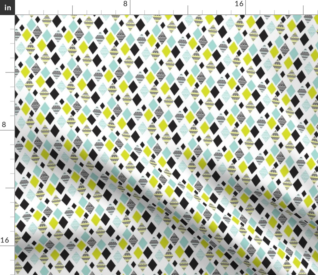 Aztec mint blue lime green yellow black and white geometric diamond fabric SMALL