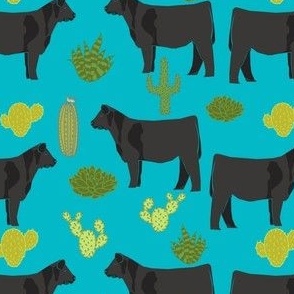 angus cattle fabric cattle cactus design - turquoise