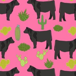 angus cattle fabric cattle cactus design - bright pink