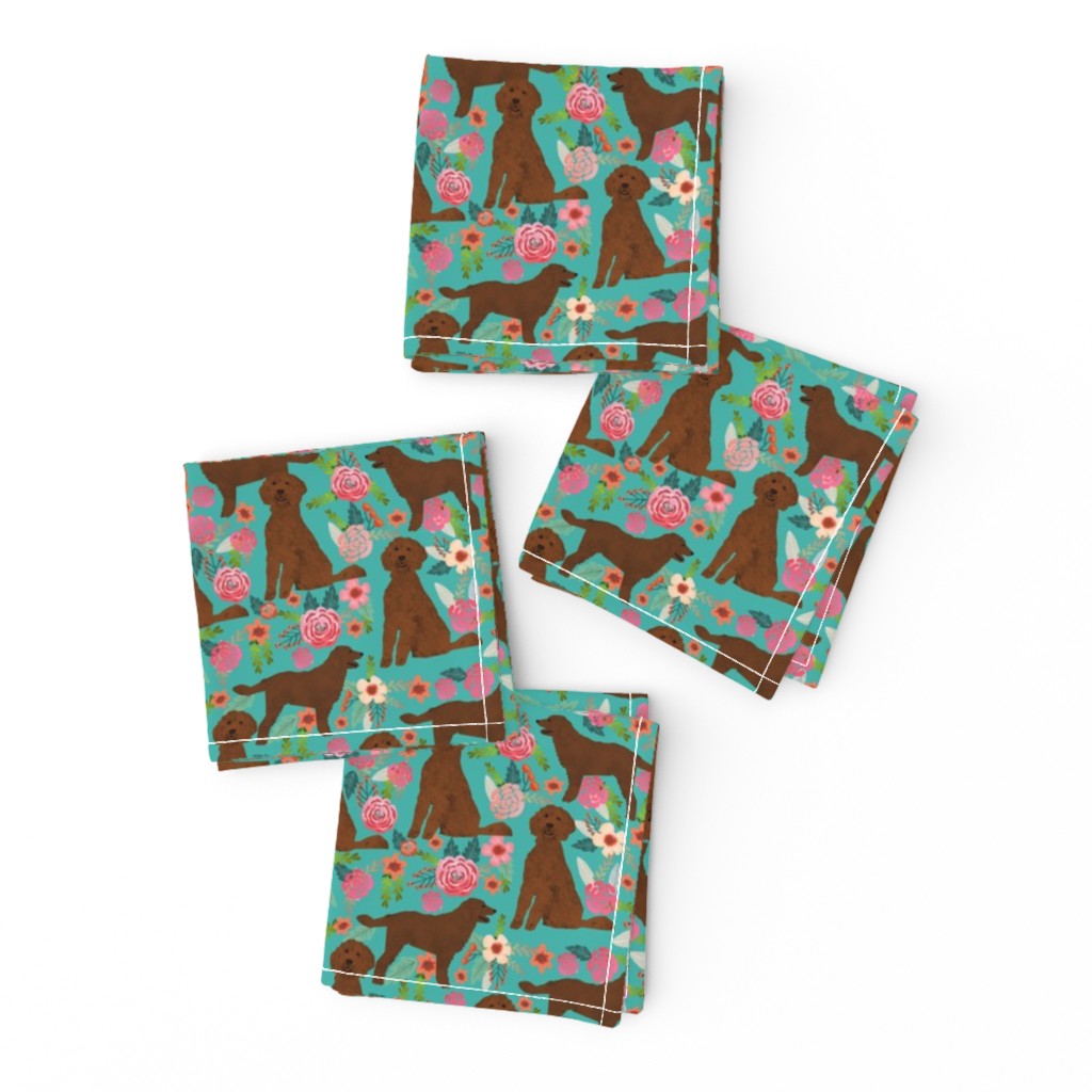 golden doodle dog fabric florals and dogs design - turquoise